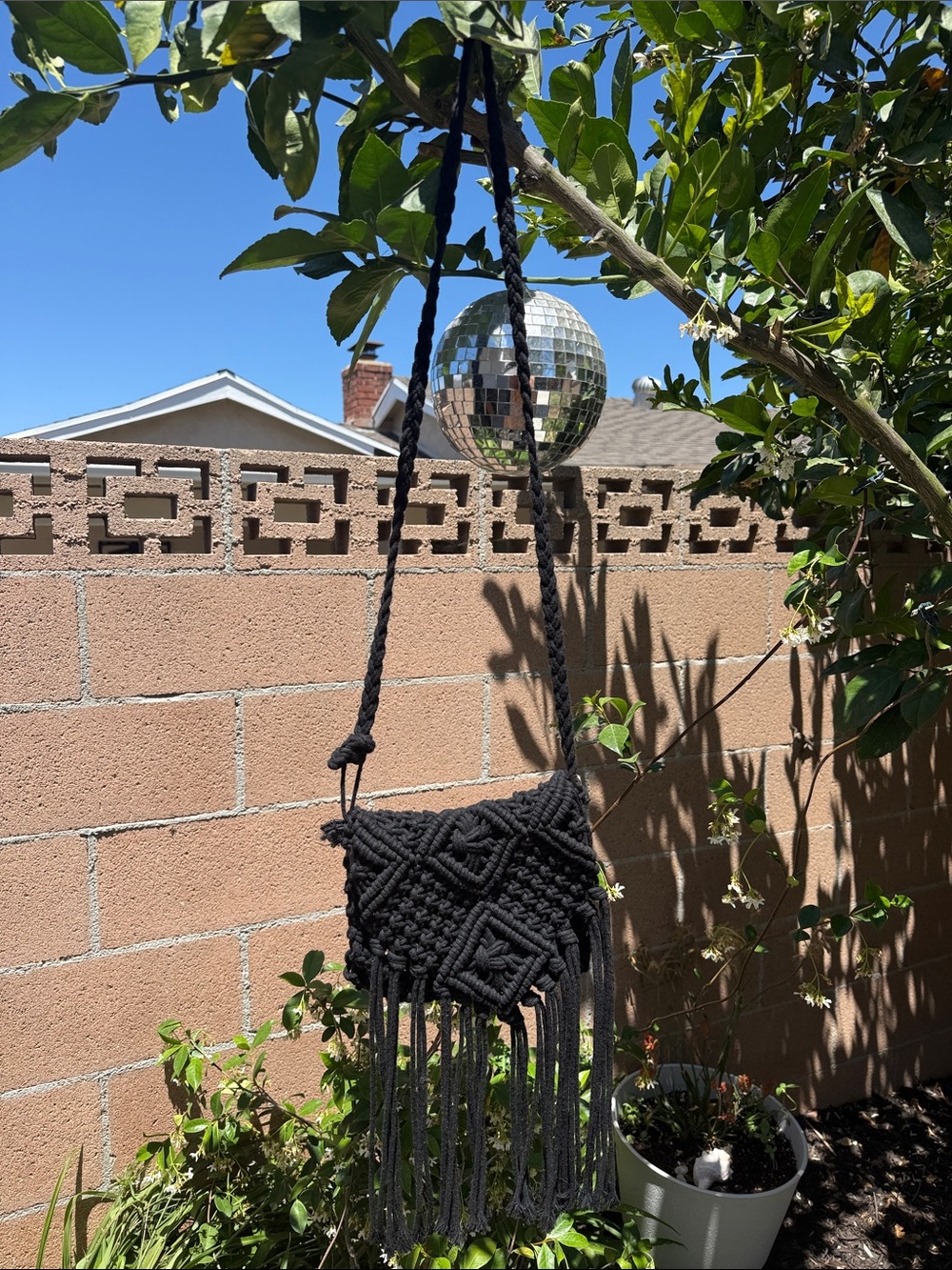 Handwoven Black Macramé Fringe Crossbody Bag